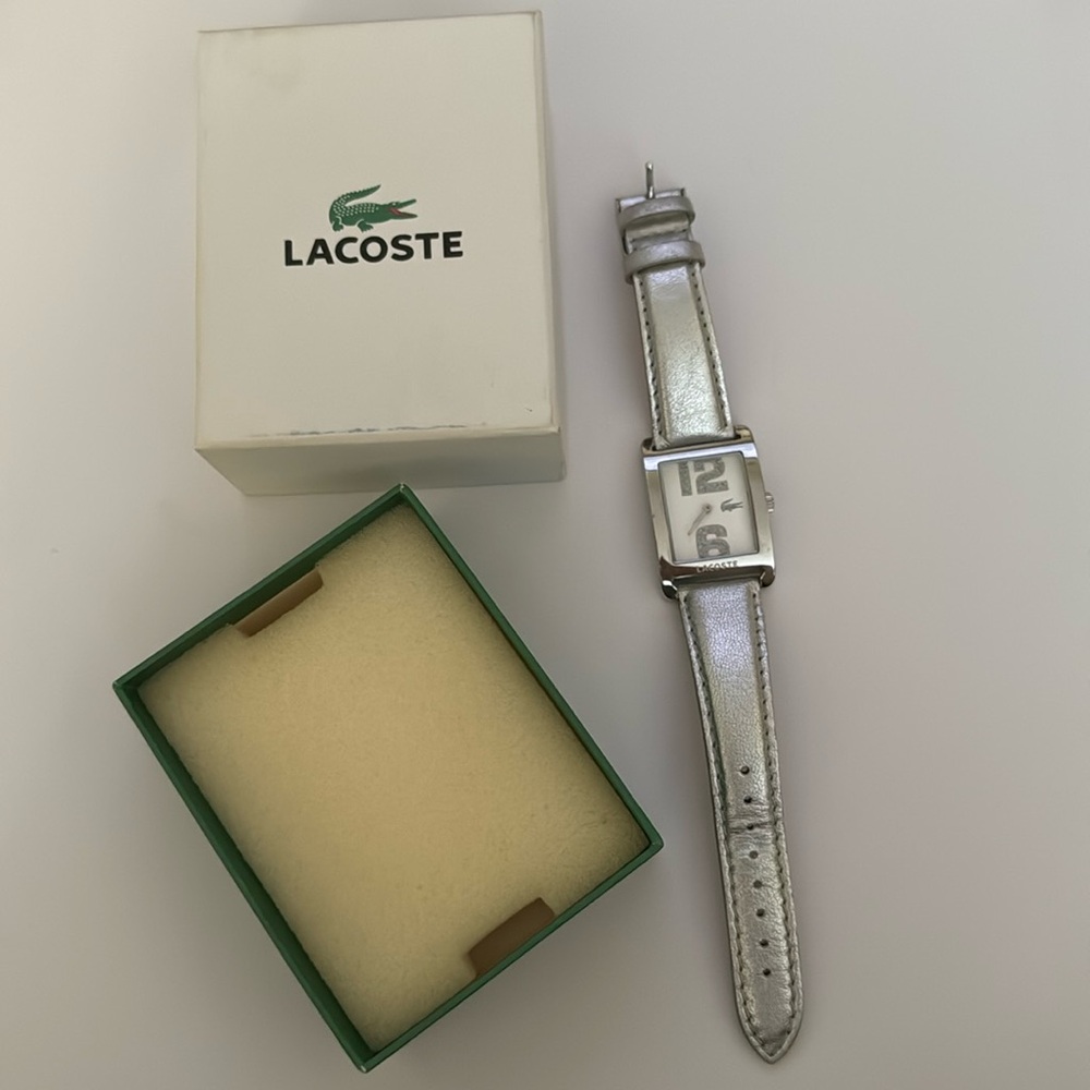 Lacoste Rectangle Silver Watch W/Silver Leather Band
